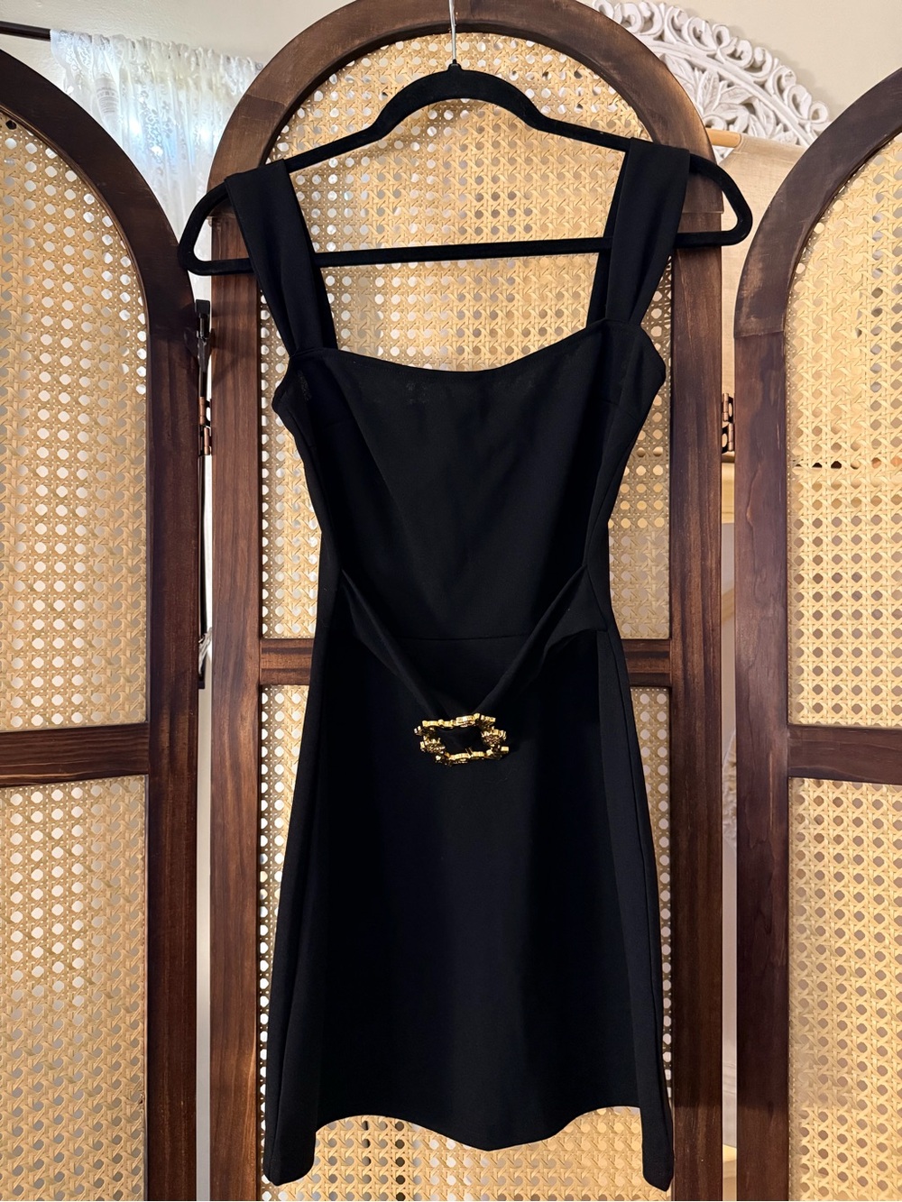 Black Square Neck Mini Dress with Gold Buckle